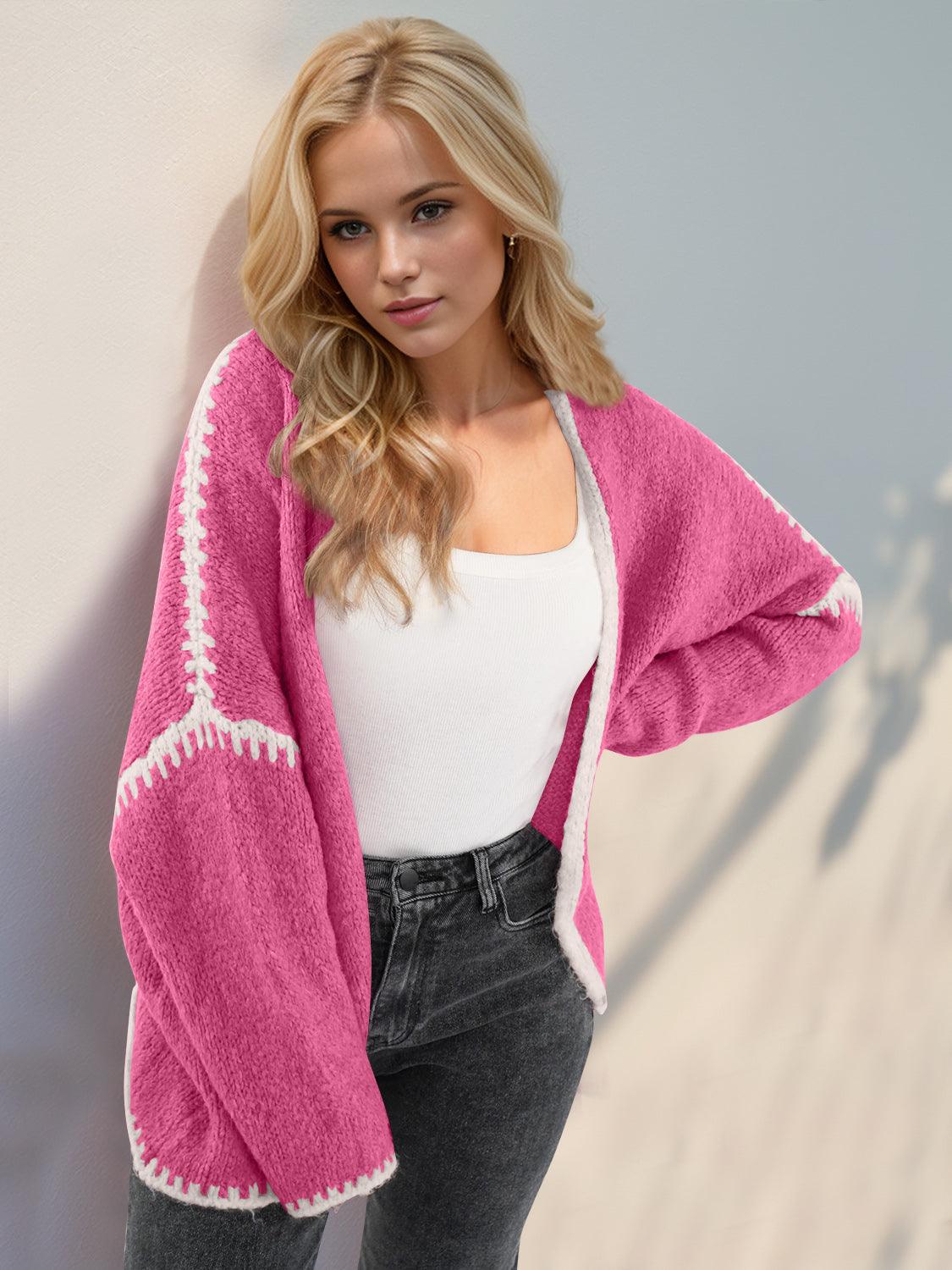 Double Take Contrast Open Front Dropped Shoulder Cardigan Carauana Store