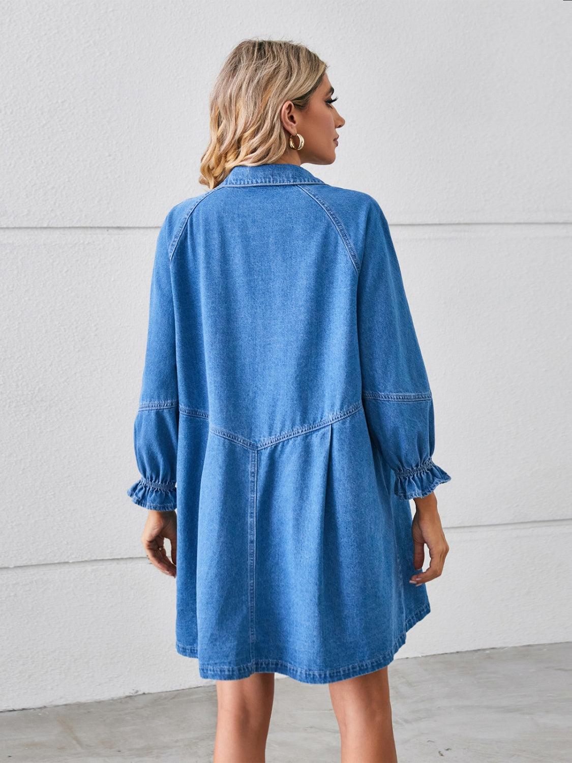 Button Up Flounce Sleeve Mini Denim Dress Carauana Store