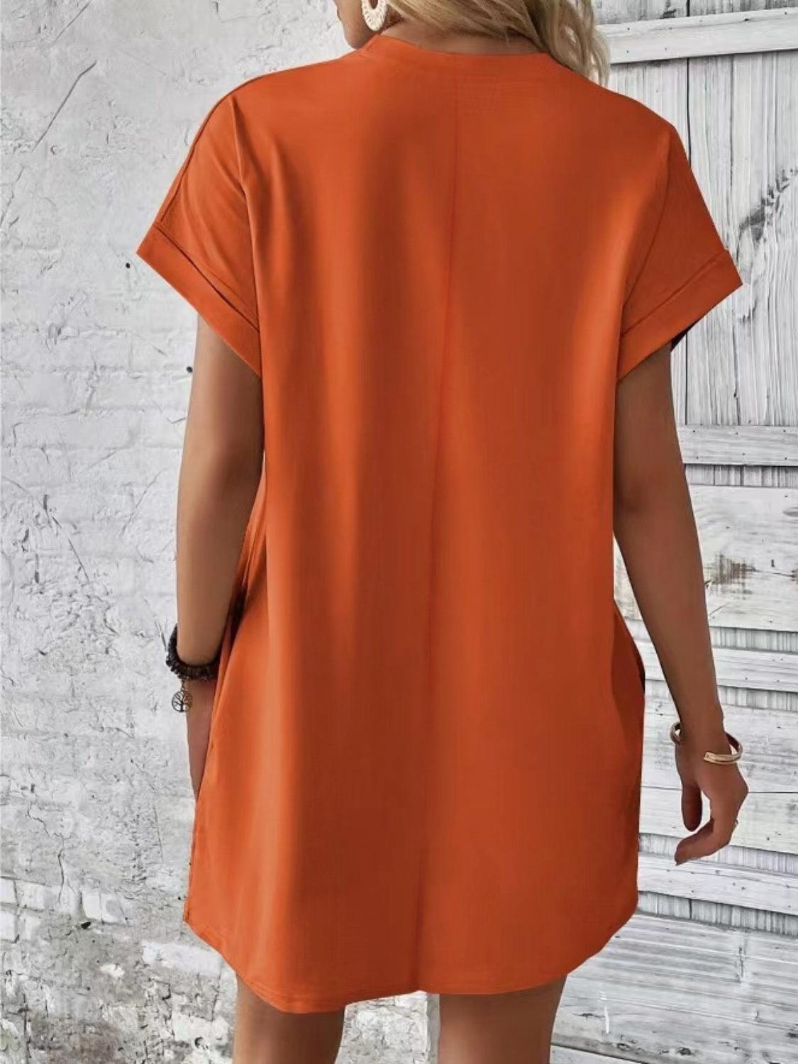 Pocketed Round Neck Short Sleeve Dress Carauana Store