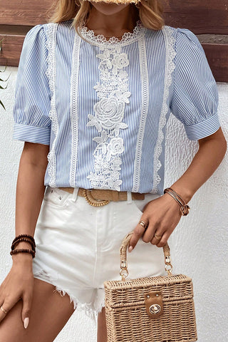 Sky Blue Stripe Floral Lace Splicing Puff Sleeve Blouse