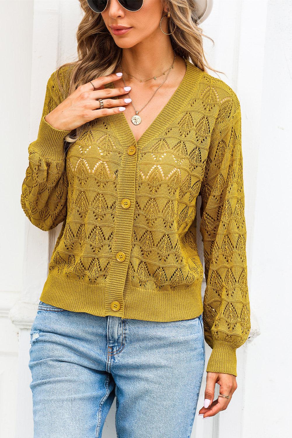 Openwork V-Neck Cardigan Carauana Store