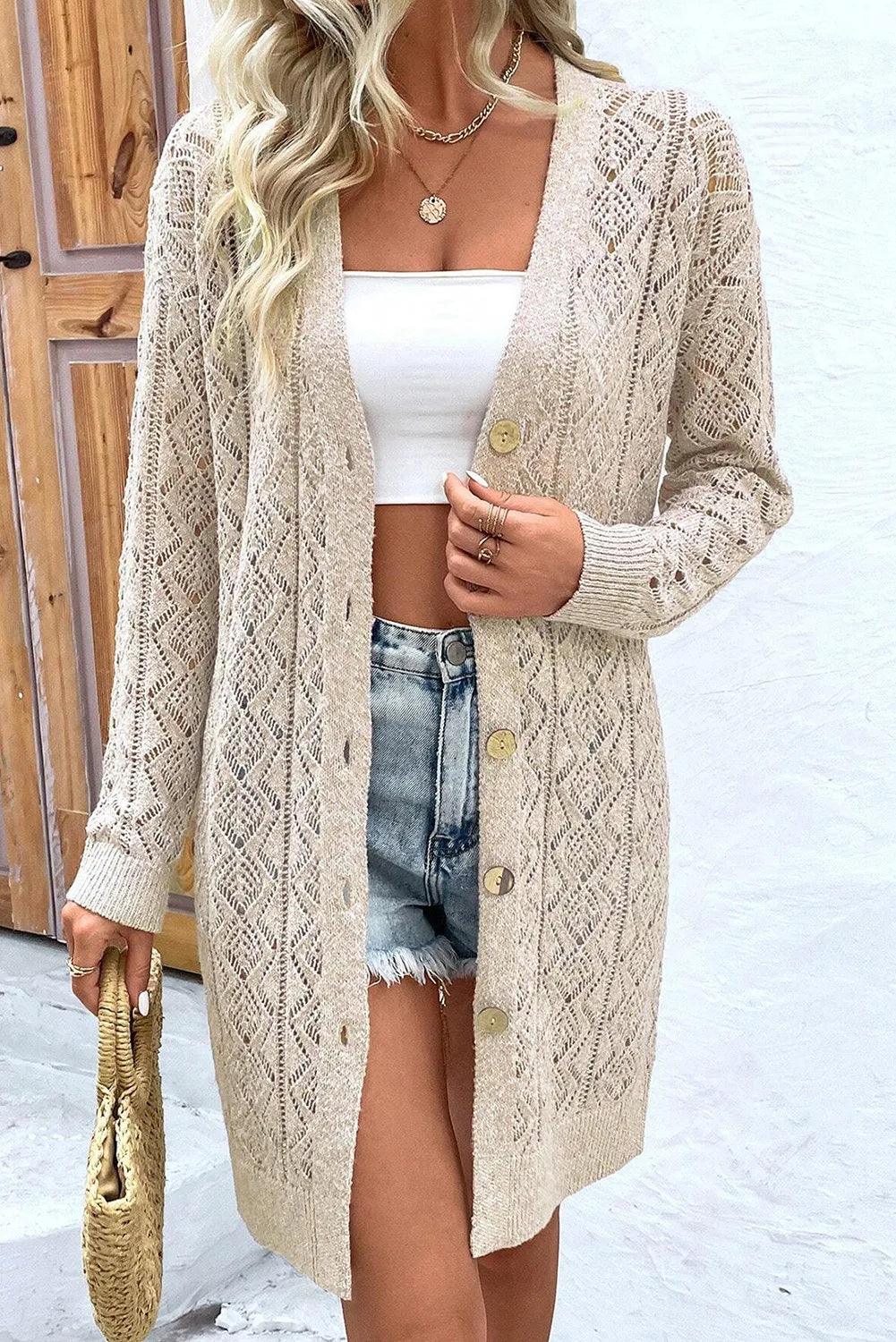 Openwork Button Down Long Sleeve Cardigan Carauana Store