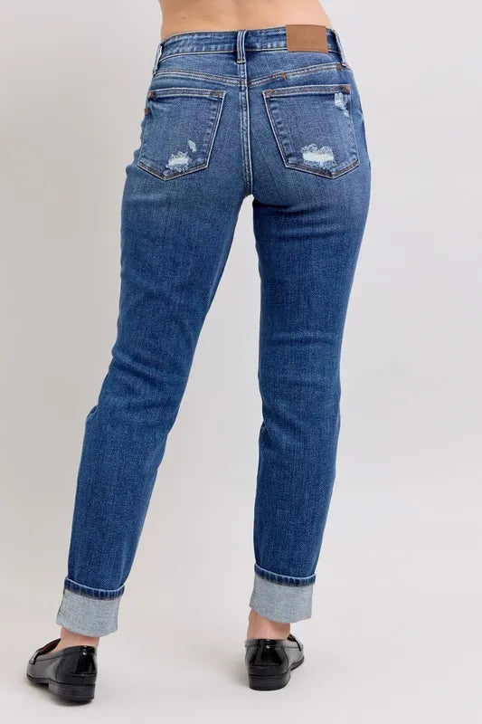 Judy Blue Full Size Mid Rise Boyfriend destroy Jeans with Yoke Pockets and Faux Selvedge Cuff Plus Size Carauana Store