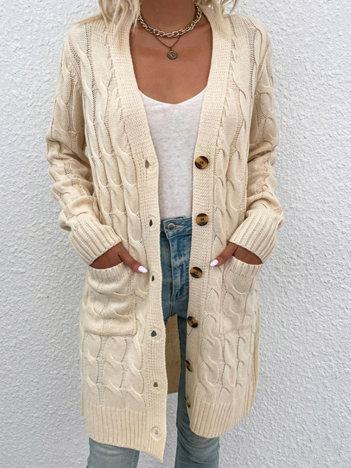 Cable-Knit Button Down Cardigan with Pockets Carauana Store