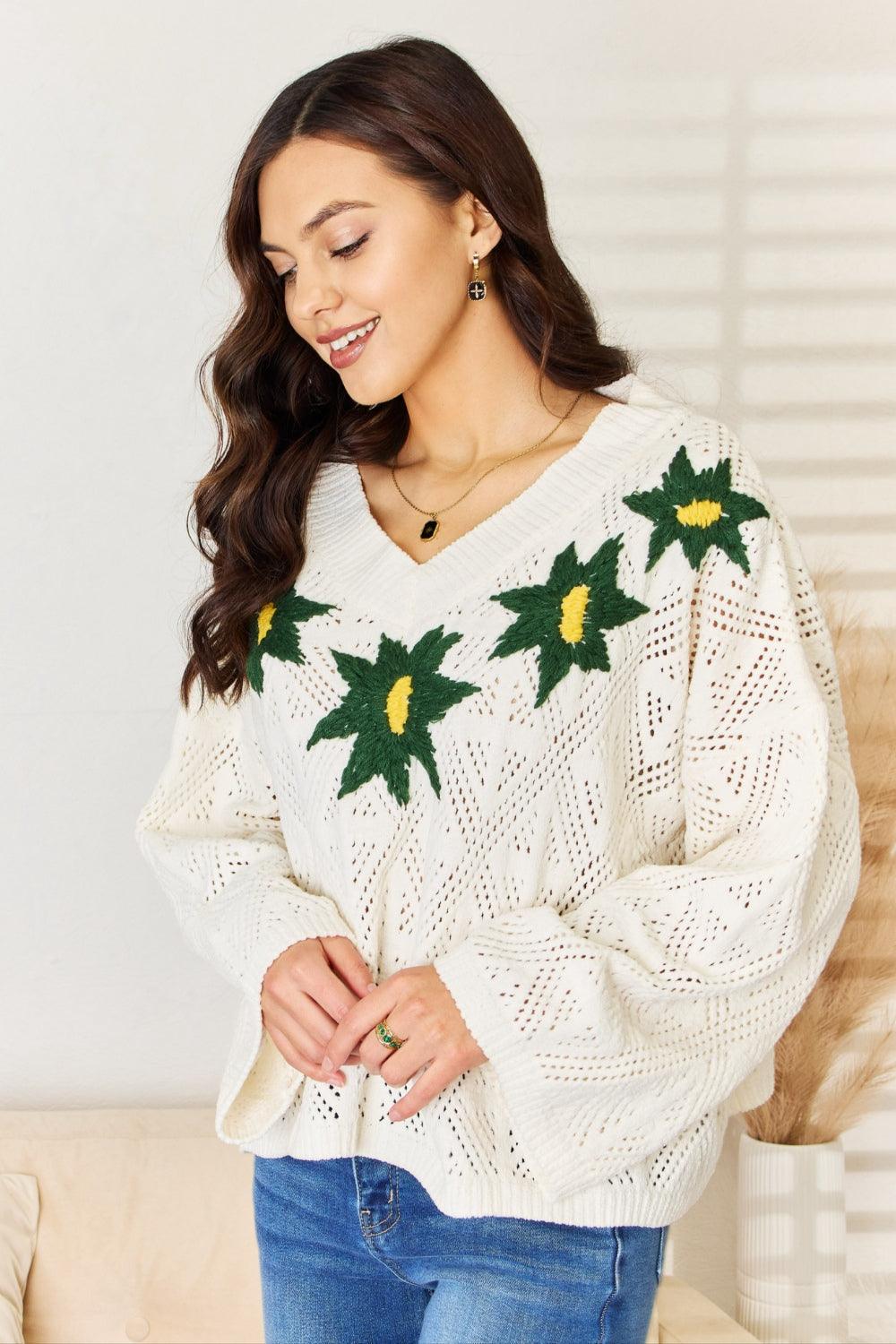 POL Floral Embroidered Pattern V-Neck Sweater Carauana Store