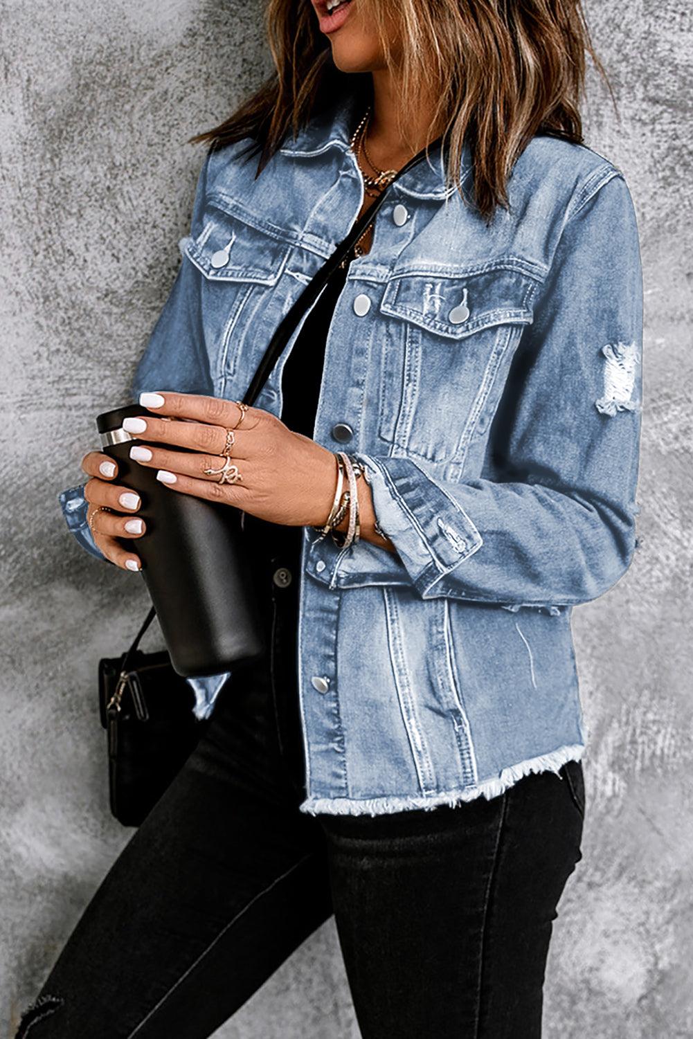 Distressed Raw Hem Denim Jacket Carauana Store
