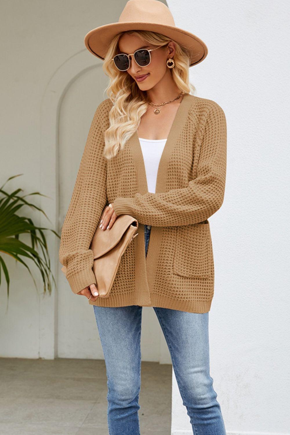 Open Front Raglan Sleeve Pocketed Cardigan Carauana Store