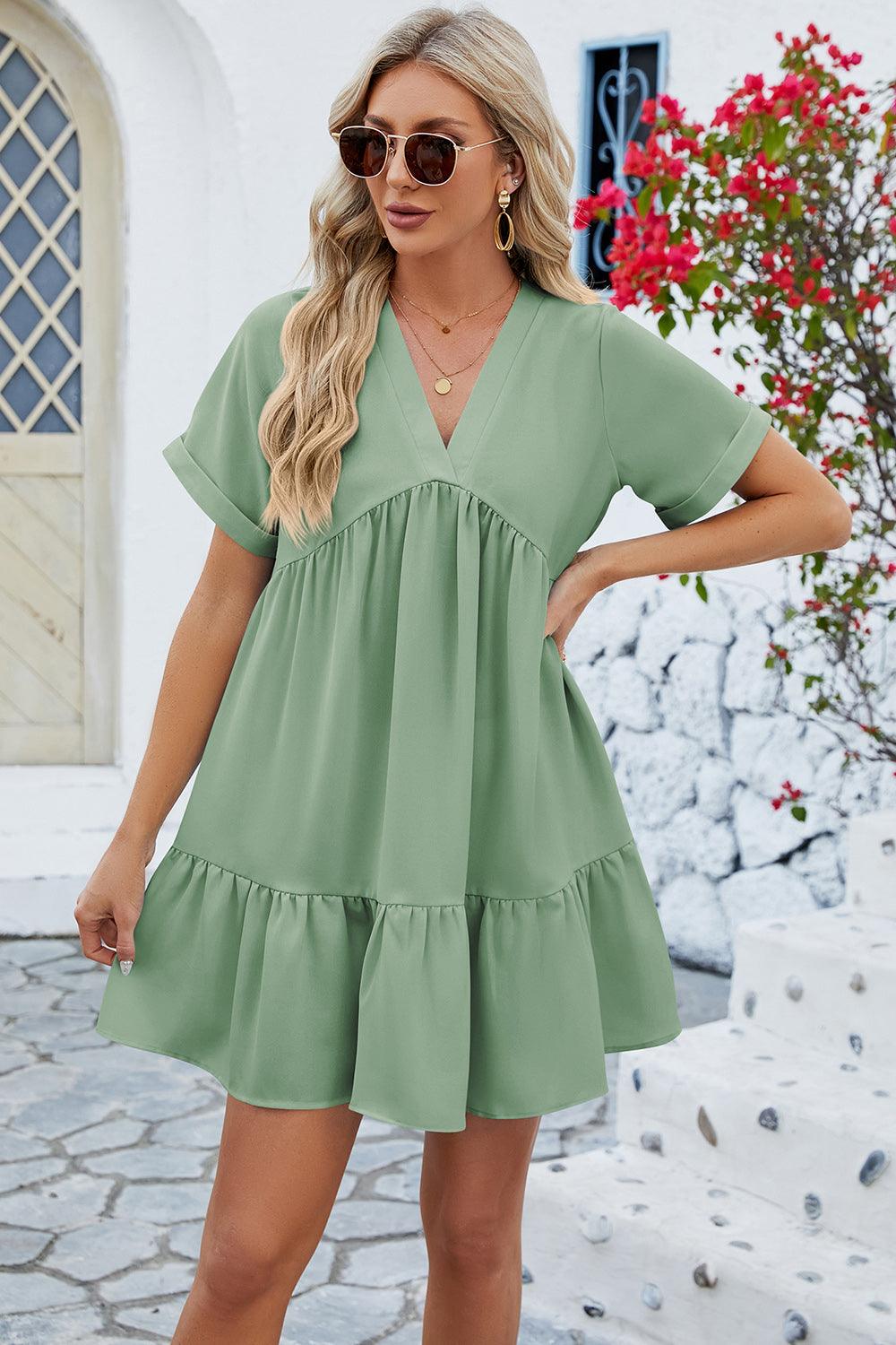 Ruched Tiered V-Neck Short Sleeve Mini Dress Carauana Store