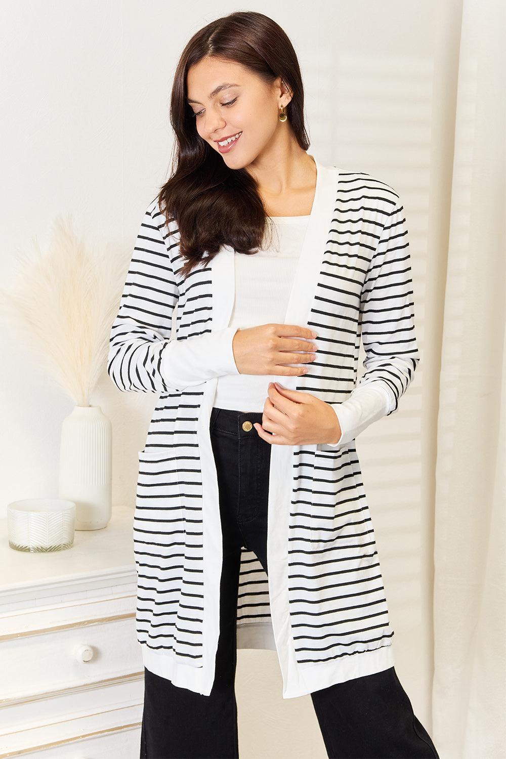 Double Take Striped Open Front Longline Cardigan Carauana Store