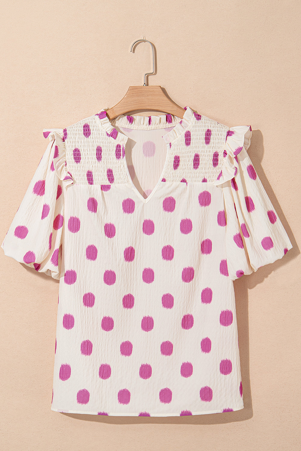 Rose Polka Dot Print Shirred Yoke Notched Neck Balloon Sleeve Blouse