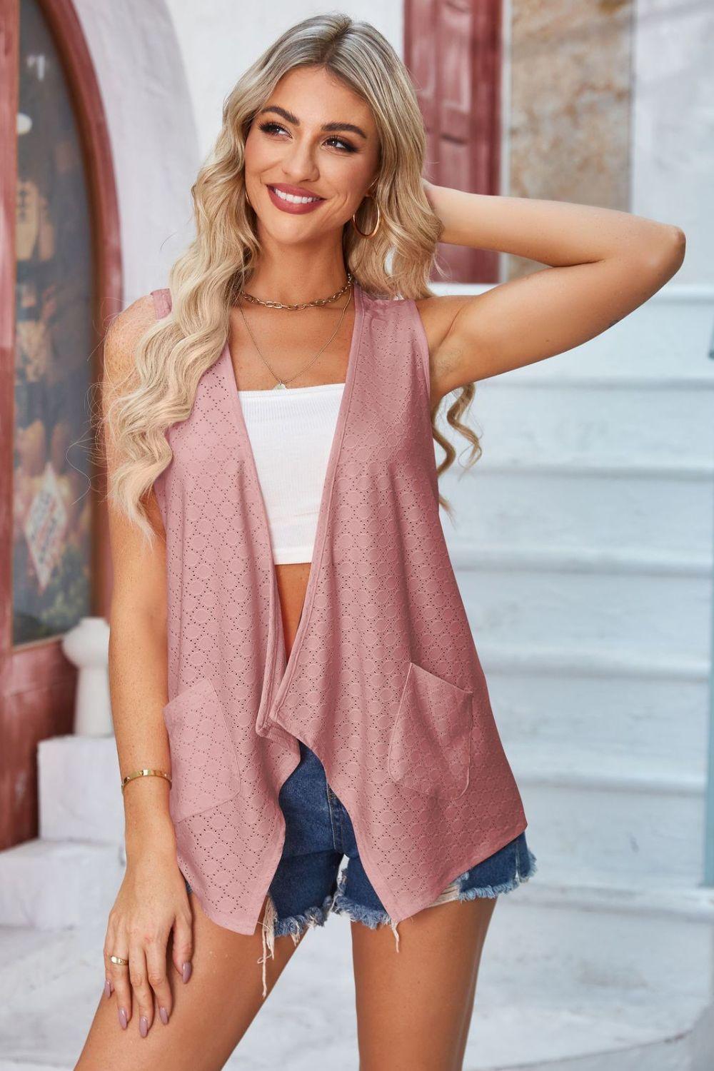 Eyelet Open Front Sleeveless Cardigan Carauana Store