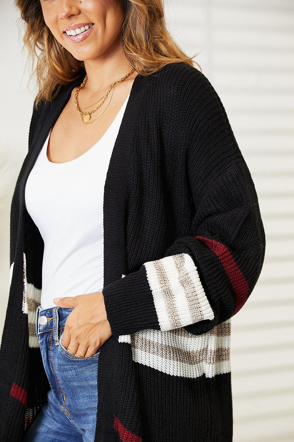Perfee Striped Rib-Knit Drop Shoulder Open Front Cardigan Carauana Store