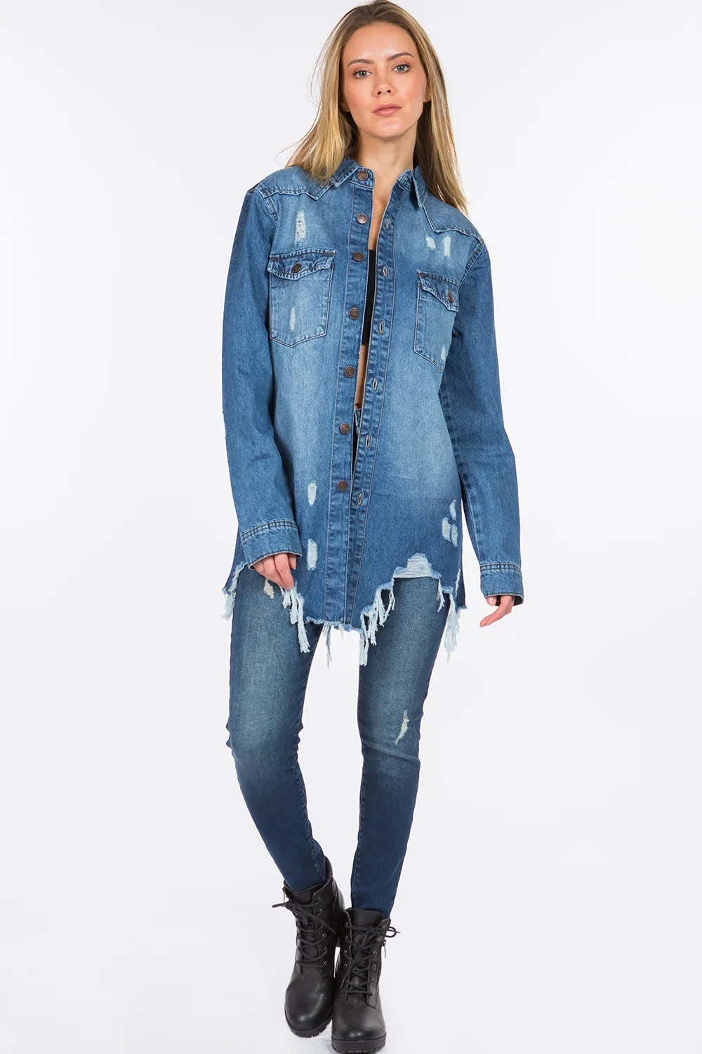 American Bazi Distressed Frayed Hem Denim Jacket Carauana Store