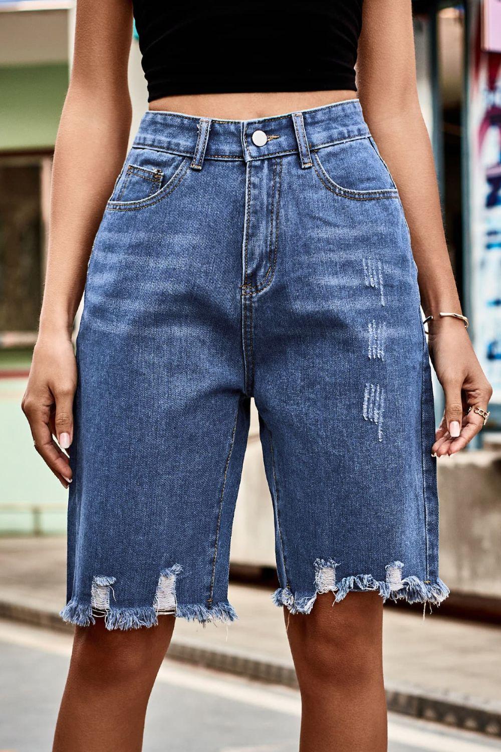 Raw Hem High Waist Denim Shorts with Pockets Carauana Store