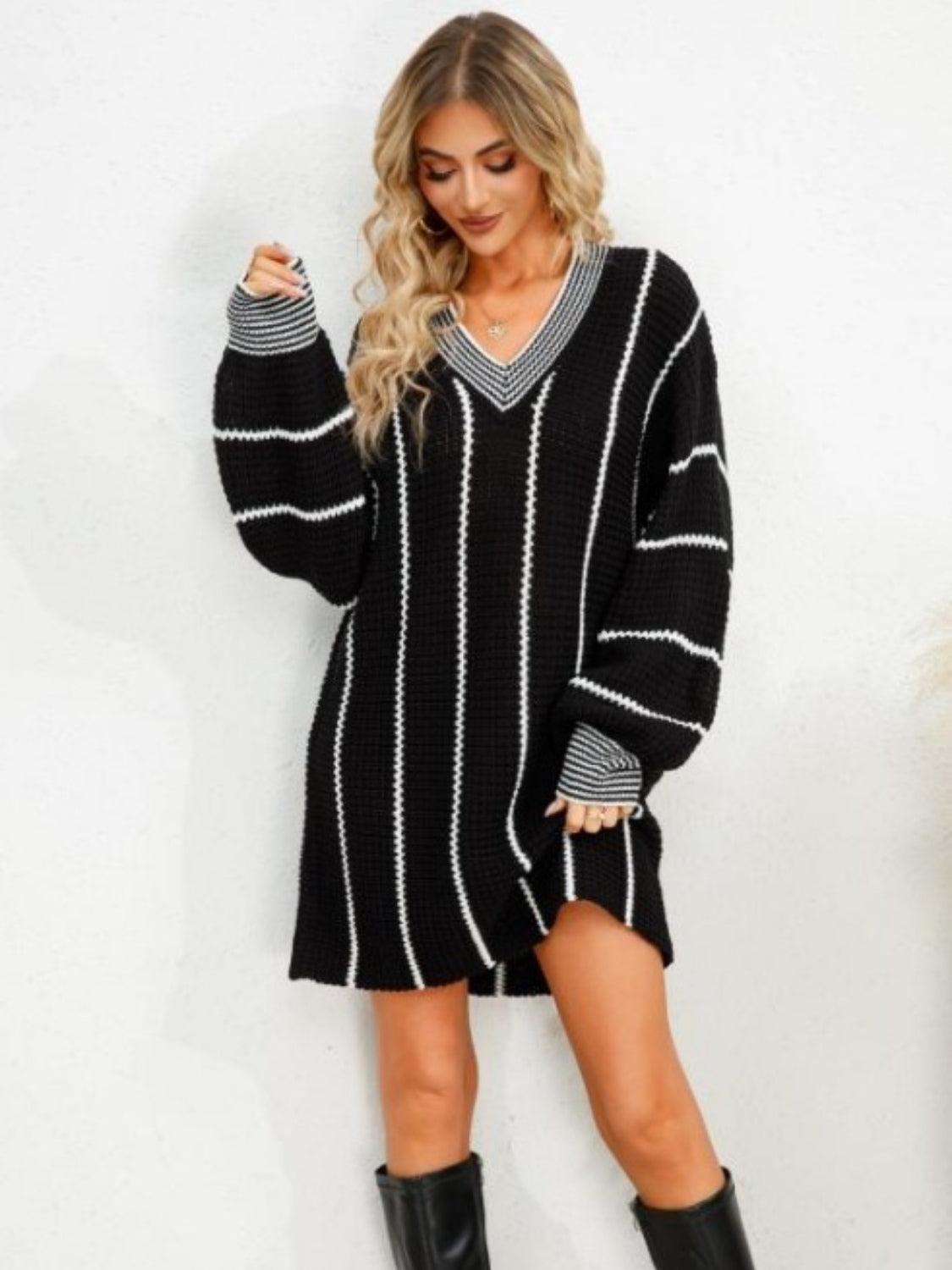 Striped V-Neck Long Sleeve Mini Dress Carauana Store