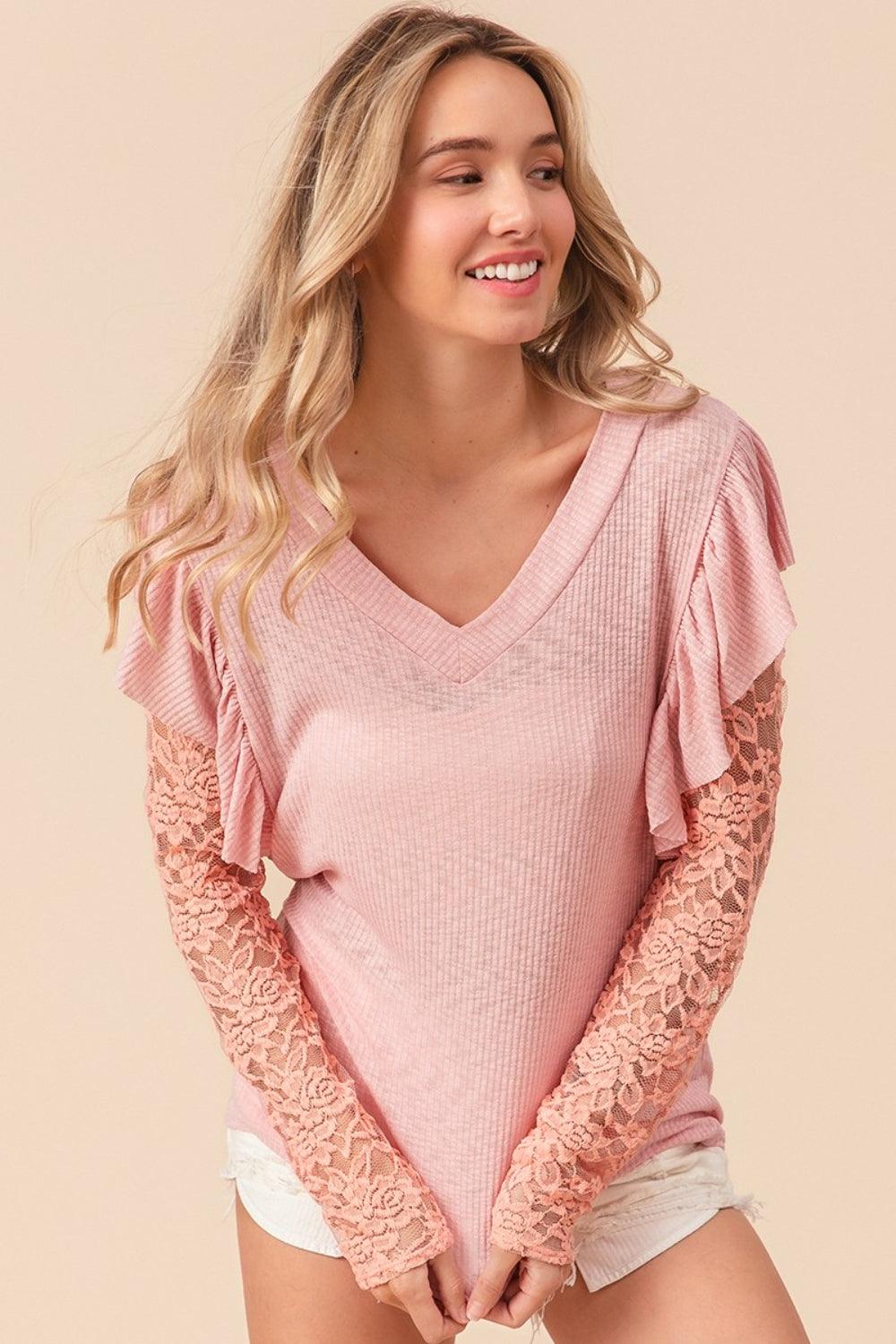 BiBi Ruffled Lace Sleeve Rib Knit Top Carauana Store