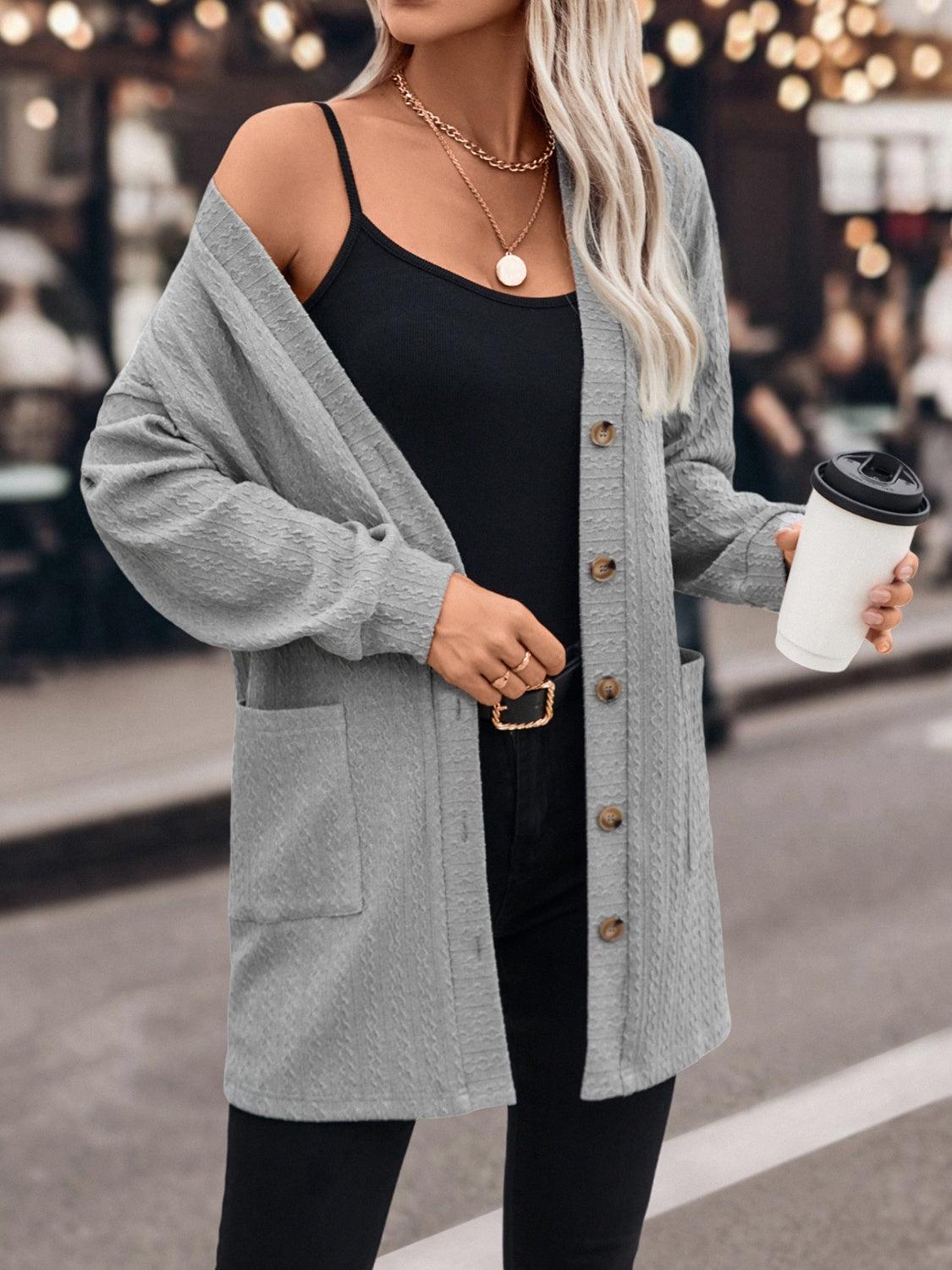 Textured Button Down V-Neck Long Sleeve Cardigan Carauana Store