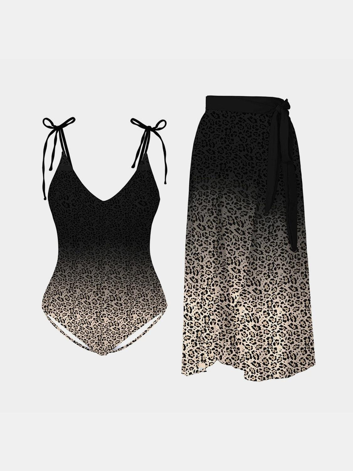 Leopard Tie Shoulder Swimwear and Skirt Swim Set Carauana Store