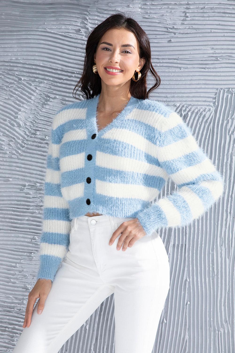 Striped Button Up Cropped Cardigan Carauana Store