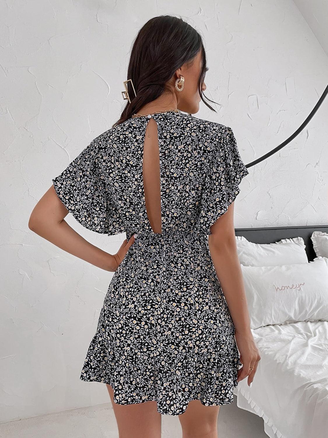 Cutout Ditsy Floral Surplice Flounce Sleeve Dress Carauana Store