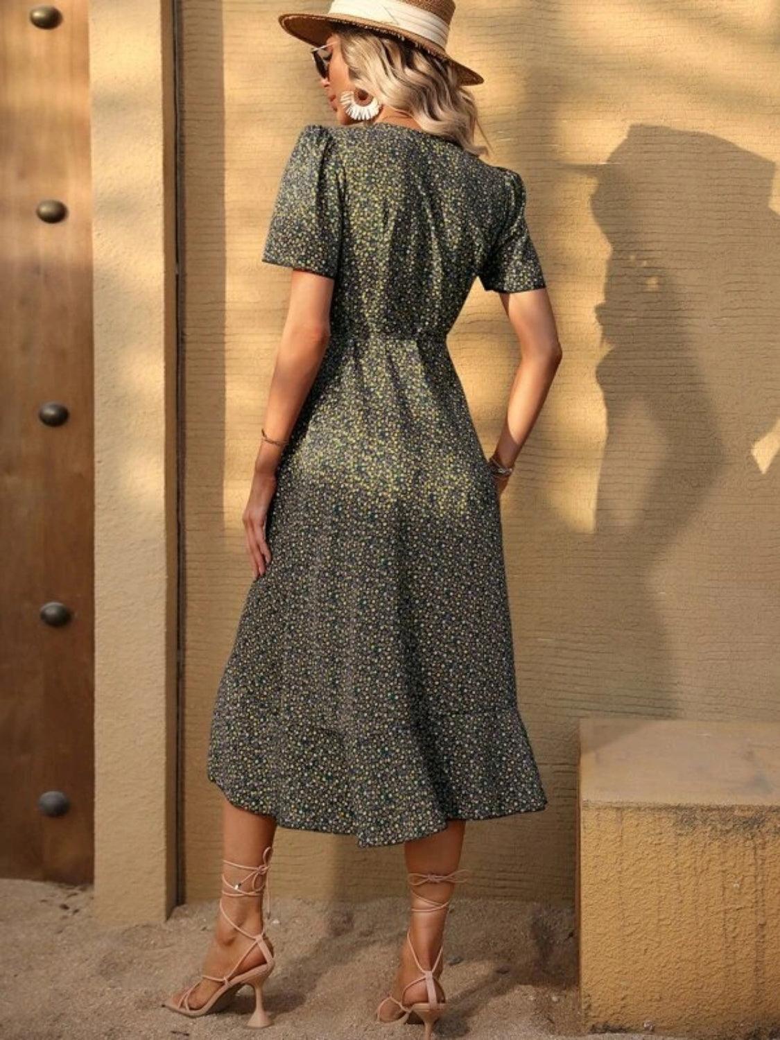 Ruffled Surplice Short Sleeve Midi Dress Carauana Store