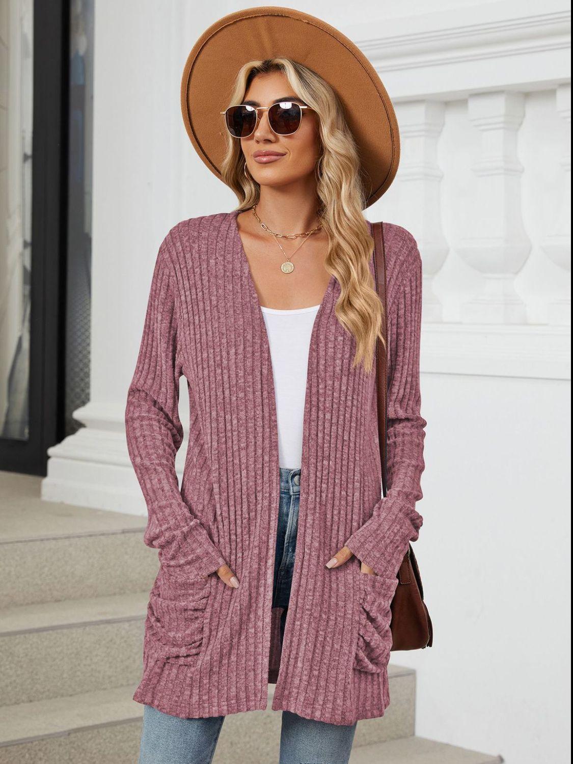 Pocketed Open Front Long Sleeve Cardigan Carauana Store