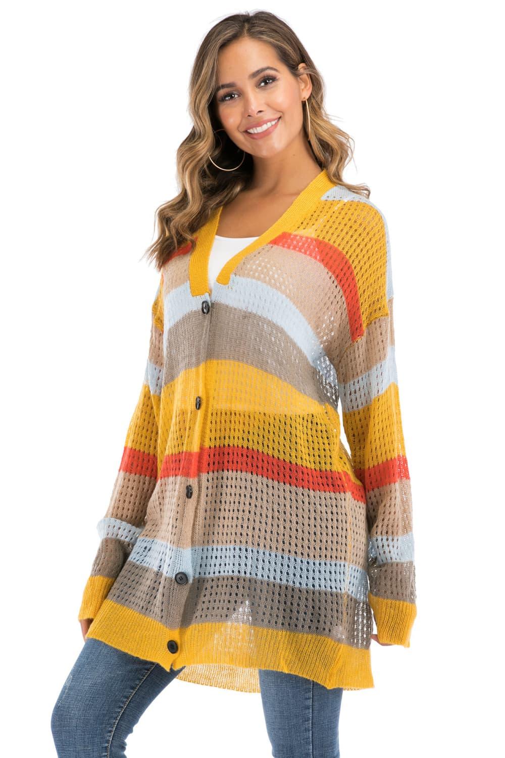 Color Block Openwork Long Sleeve Cardigan Carauana Store