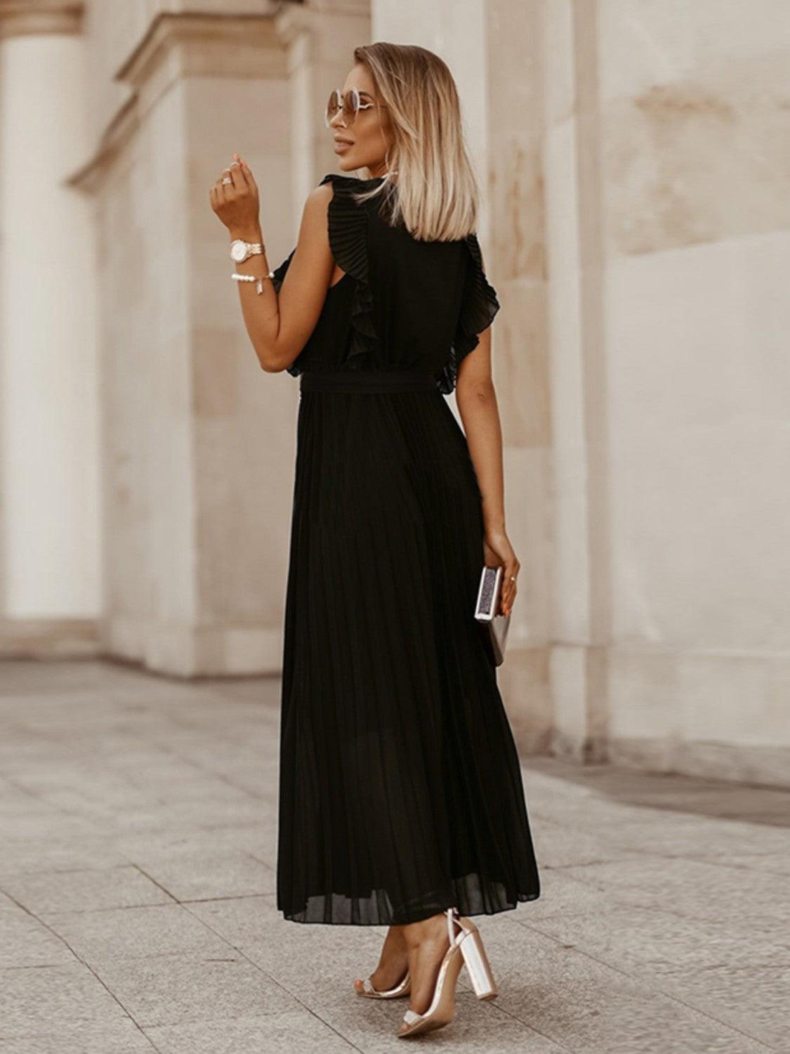 Tied Surplice Cap Sleeve Pleated Dress Carauana Store