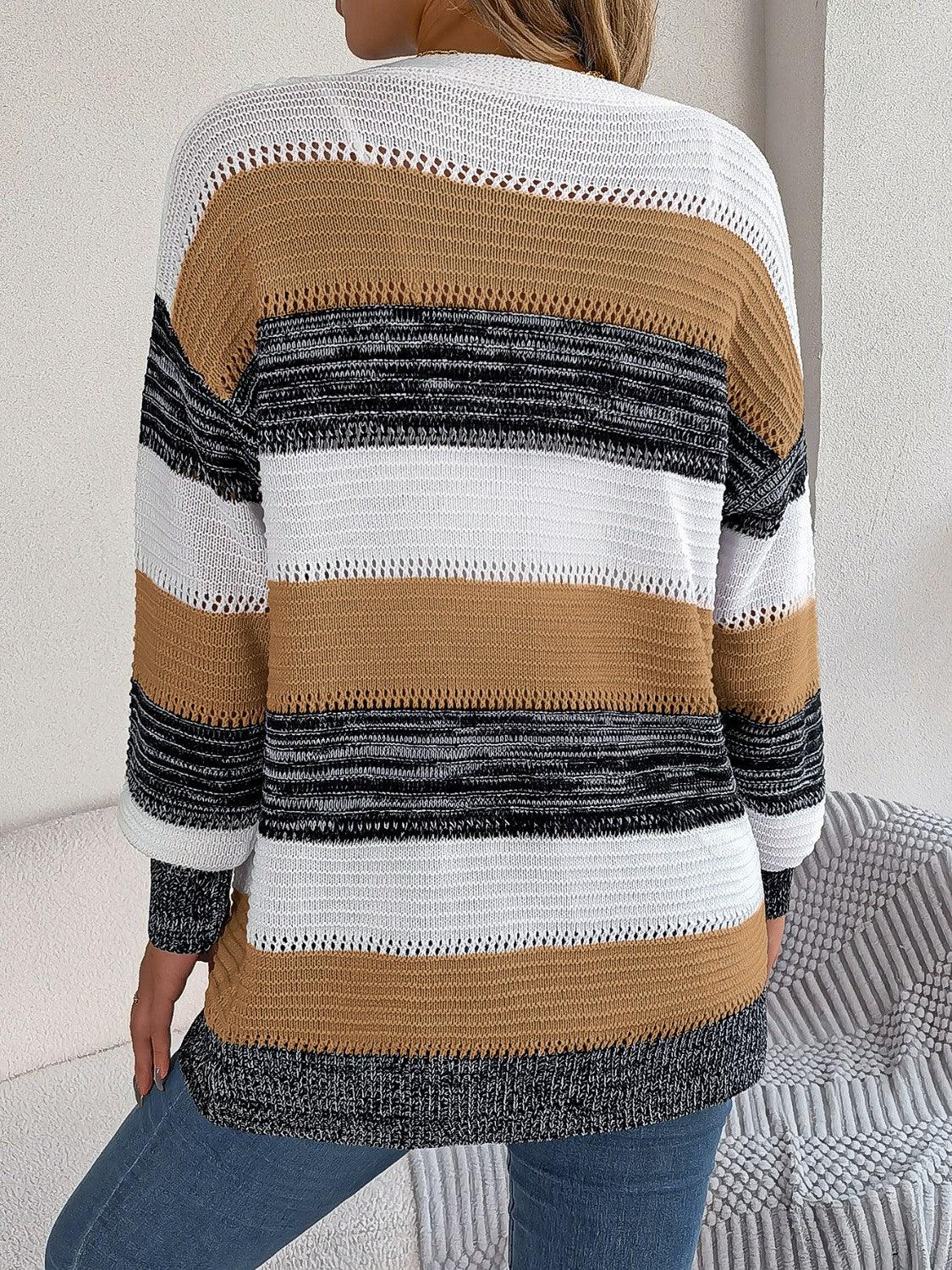 Openwork Striped Open Front Cardigan Carauana Store