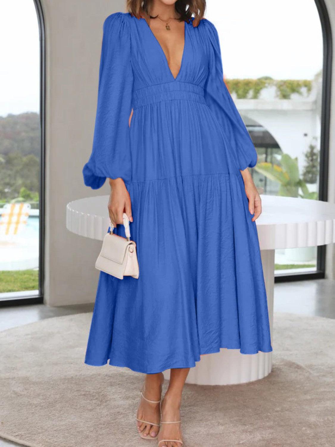 Deep V-Neck Balloon Sleeve Plain Maxi Dress Carauana Store