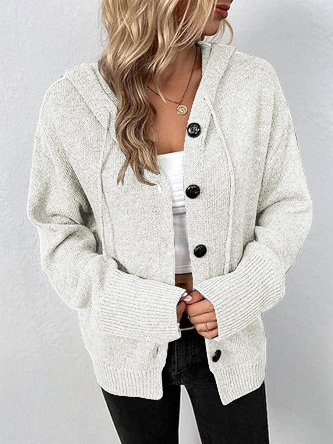 Button Up Drawstring Long Sleeve Hooded Cardigan Carauana Store