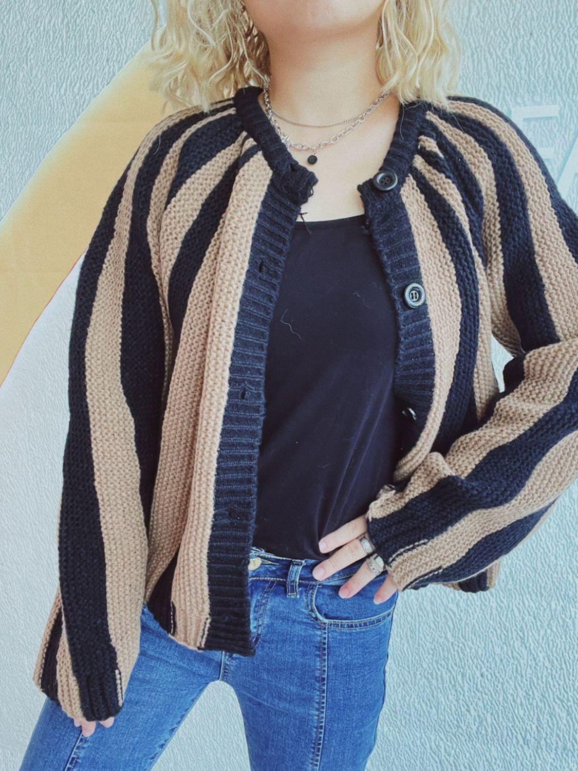 Contrast Stripes Button Down Long Sleeve Cardigan Carauana Store