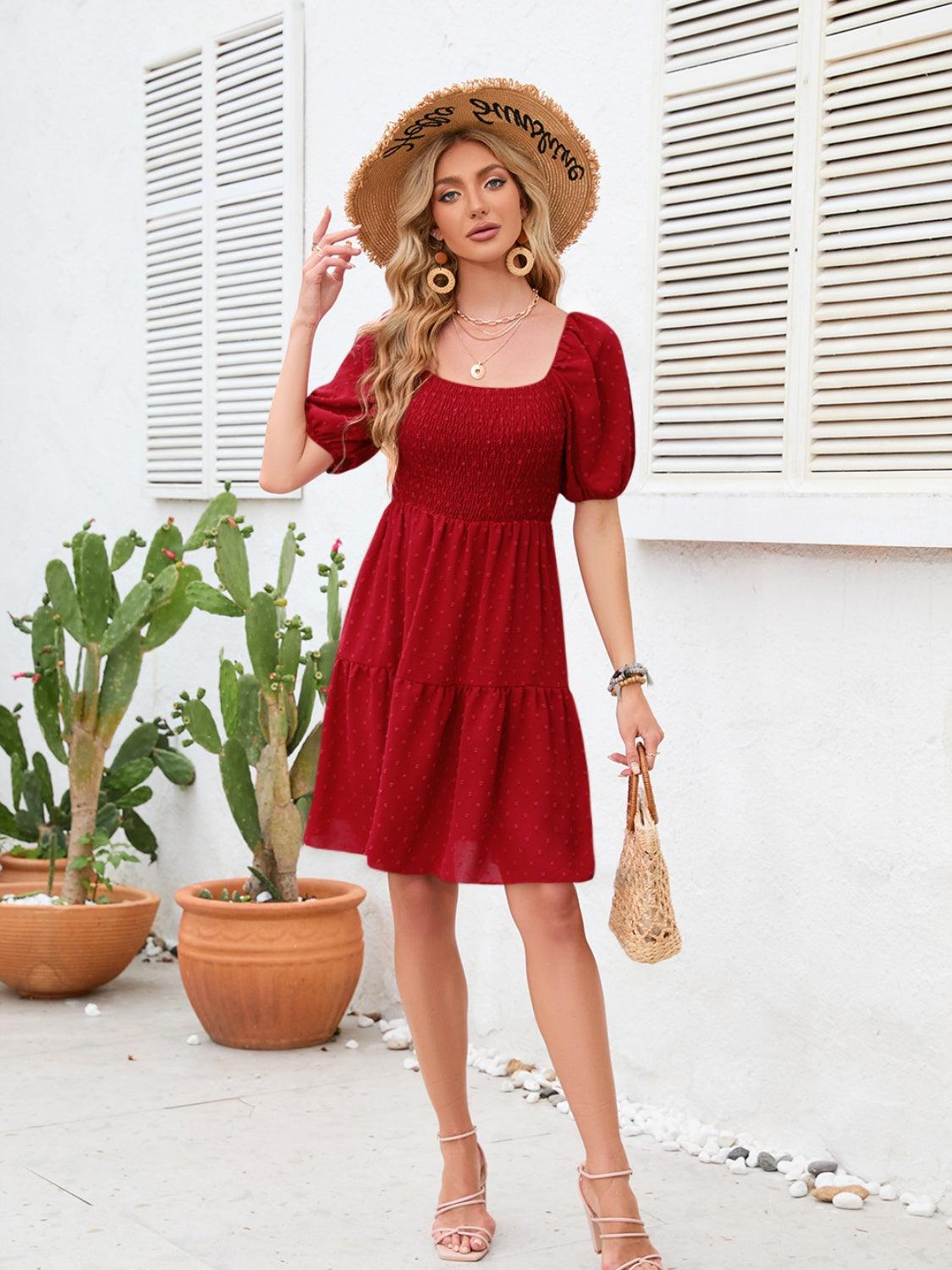 Swiss Dot Smocked Square Neck Dress Carauana Store