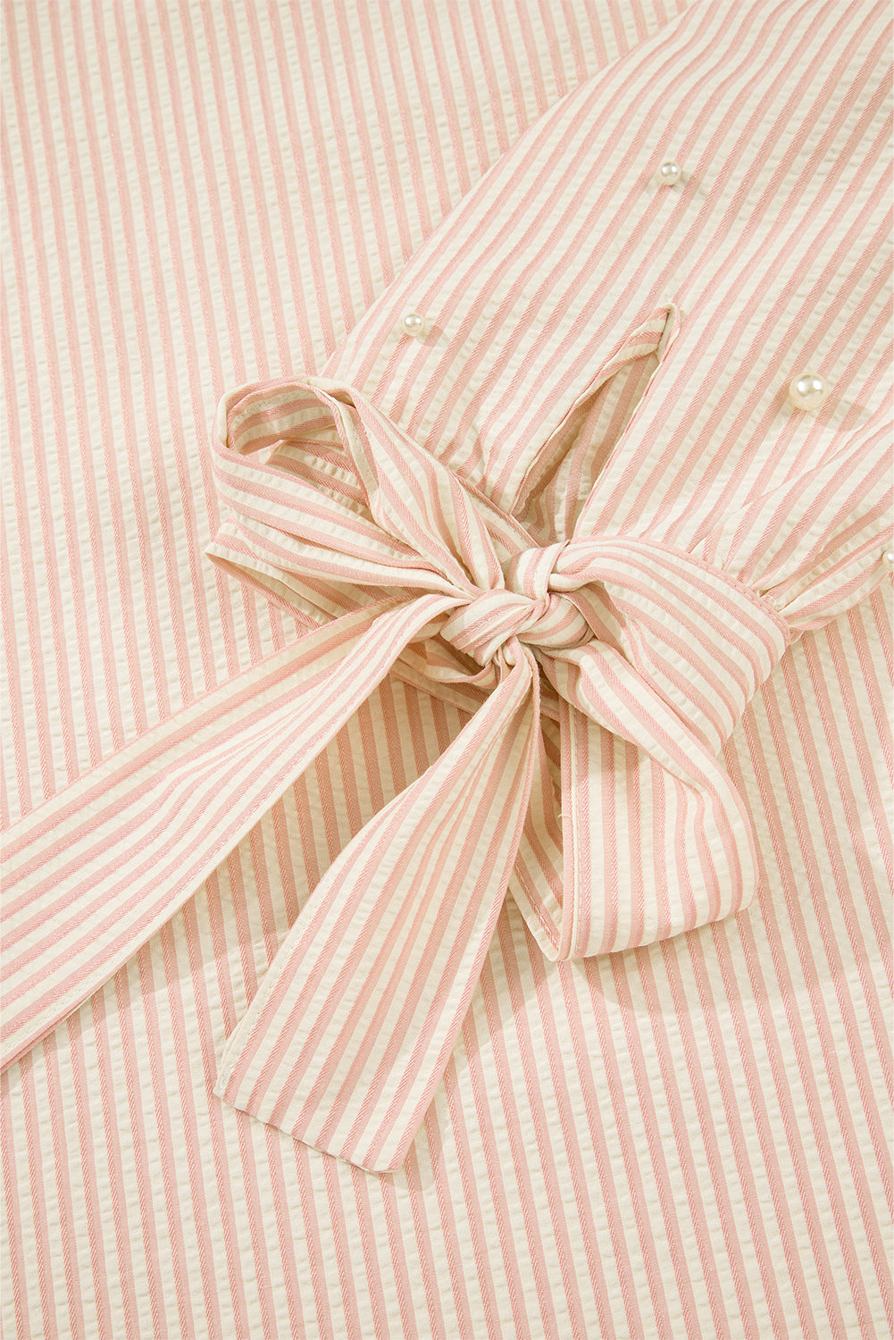 Pink Stripe Bow Knot Cuff Pearl Embellished Puff Sleeve V Neck Blouse