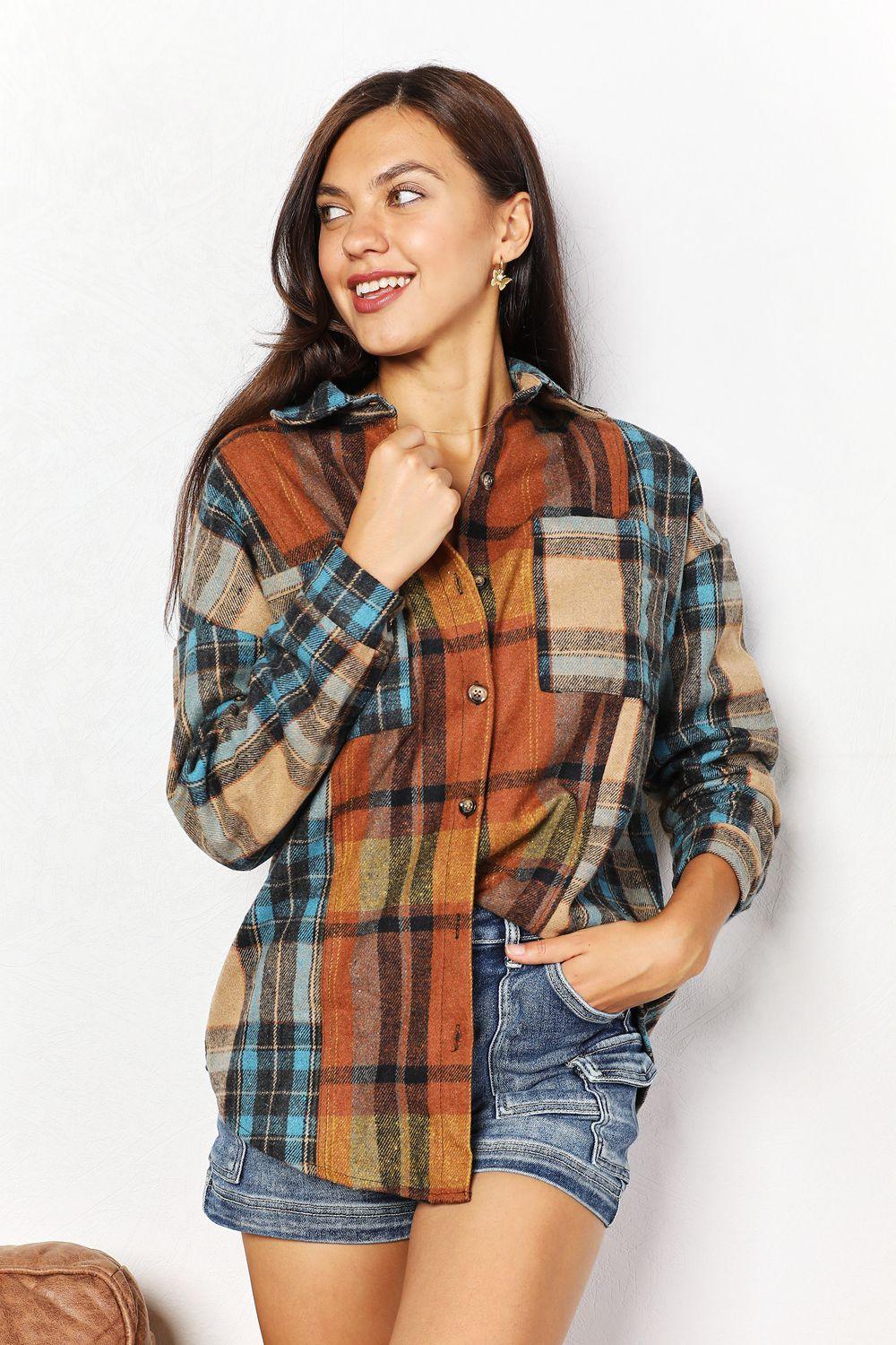 Double Take Plaid Curved Hem Shirt Jacket with Breast Pockets Carauana Store