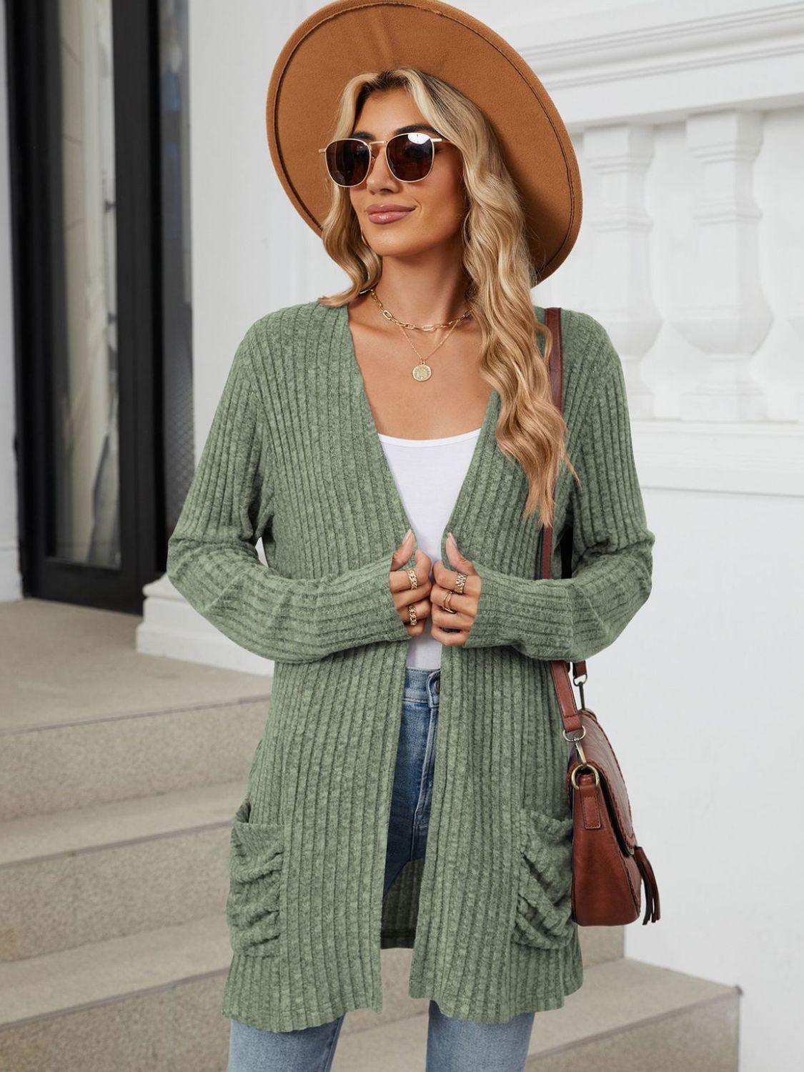 Pocketed Open Front Long Sleeve Cardigan Carauana Store