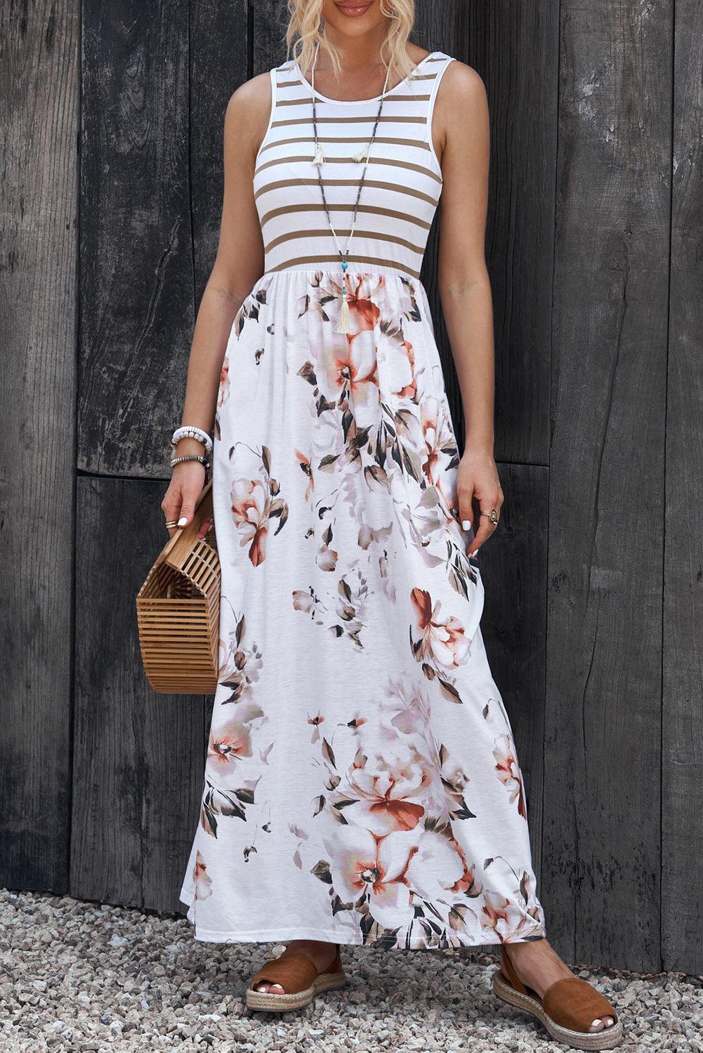 Striped Floral Round Neck Sleeveless Maxi Dress Carauana Store