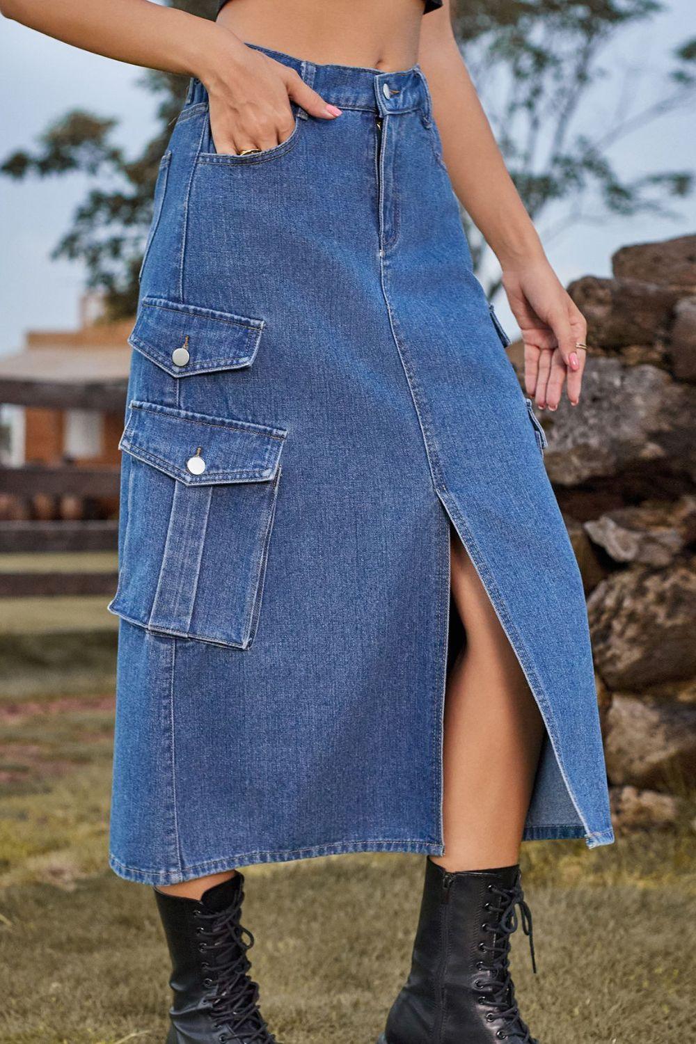 Slit Front Midi Denim Skirt with Pockets Carauana Store