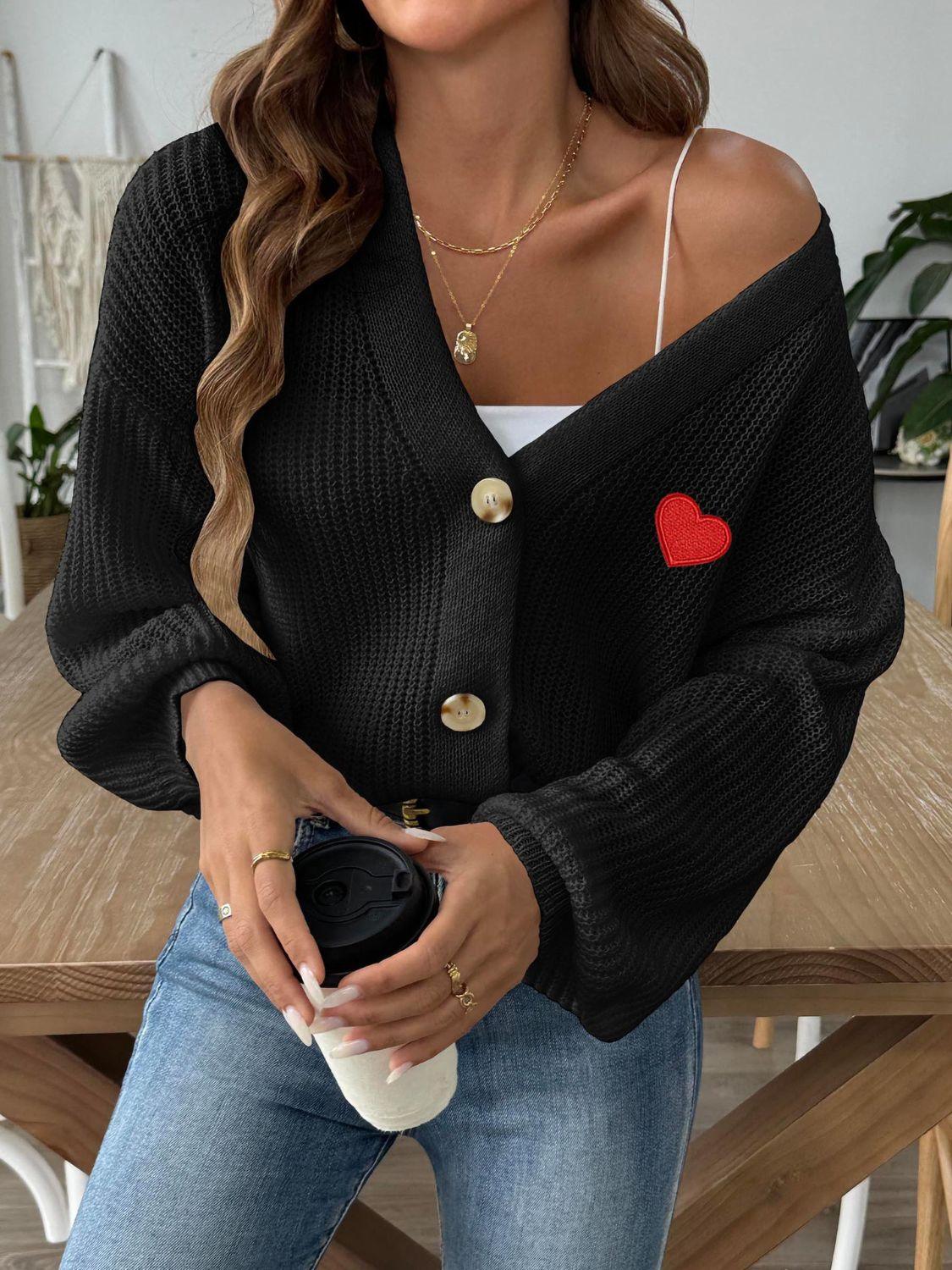 Heart Button Down V-Neck Long Sleeve Cardigan Carauana Store