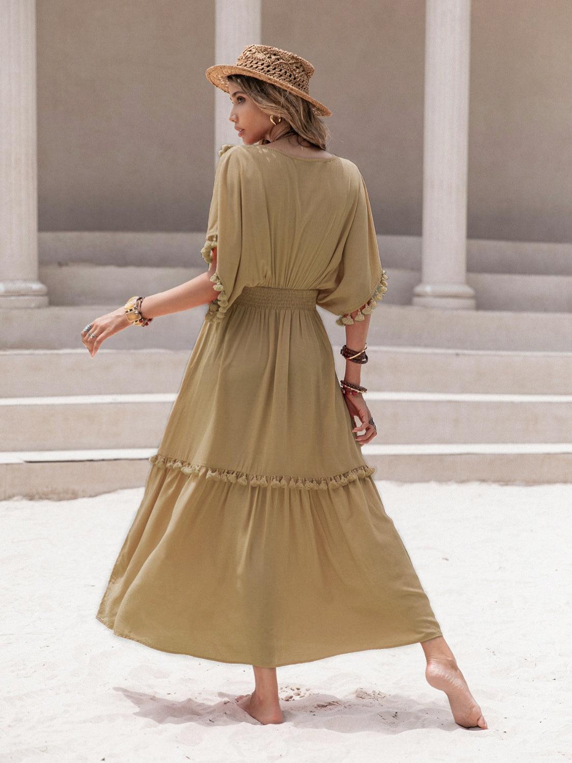 Tassel Trim Smocked V-Neck Short Sleeve Dress Carauana Store
