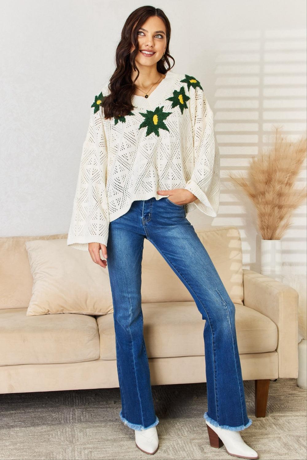 POL Floral Embroidered Pattern V-Neck Sweater Carauana Store