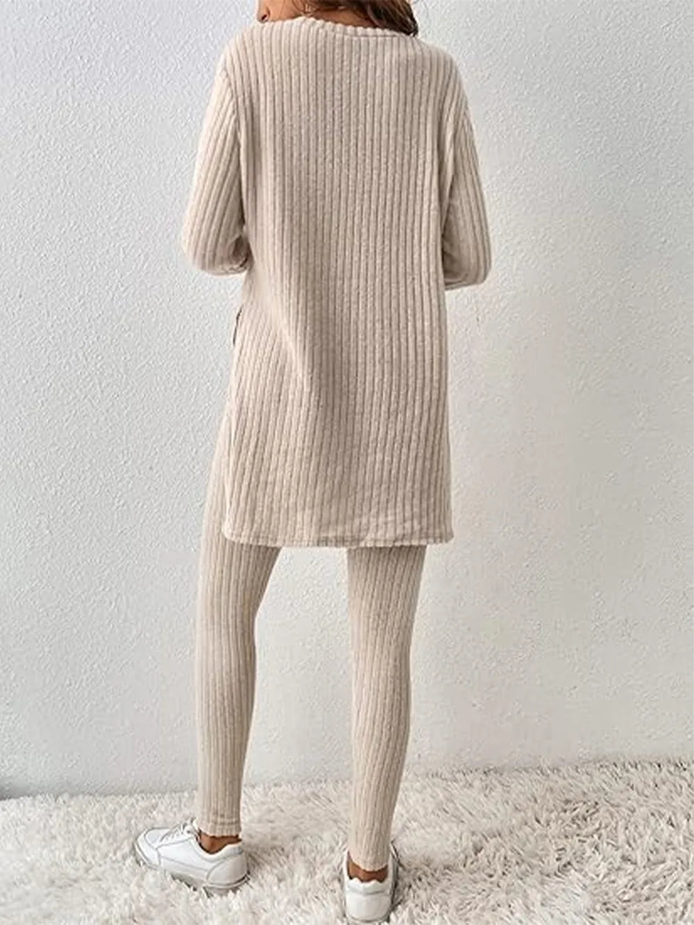 Side Slit Round Neck Long Sleeve Top and Pants Set Carauana Store