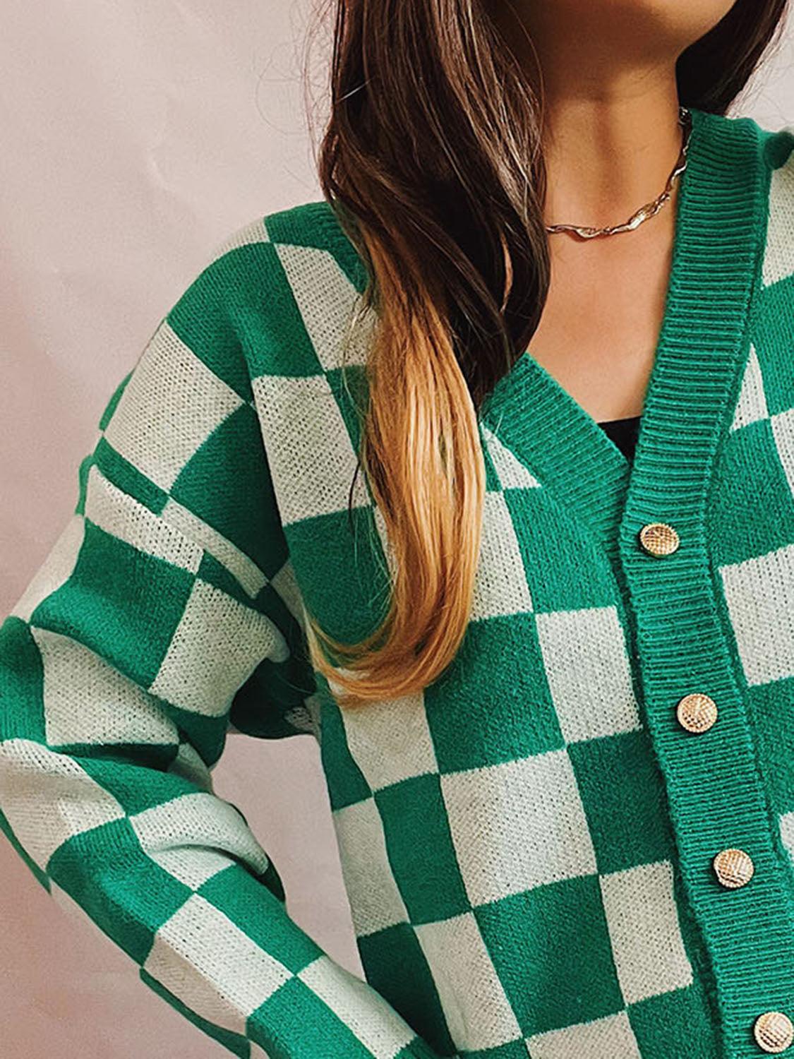 Checkered Open Front Button Up Cardigan Carauana Store