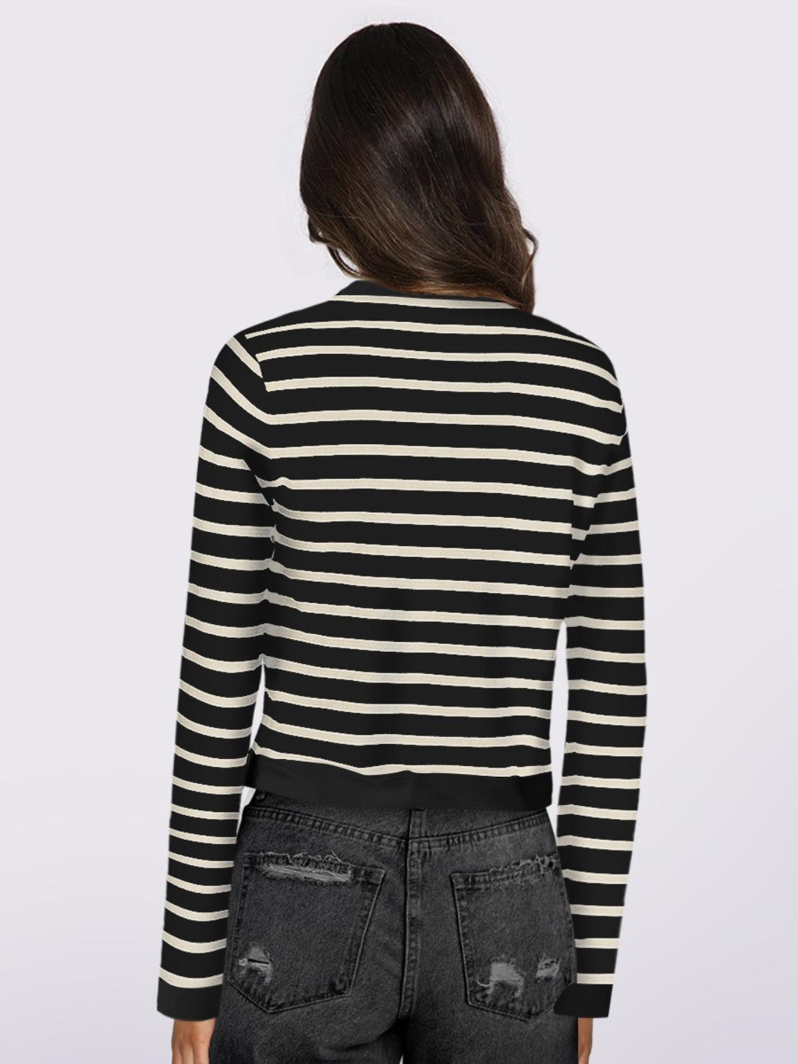 Striped Round Neck Button Up Long Sleeve Cardigan Carauana Store