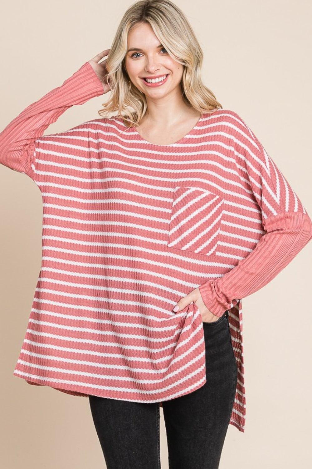 Culture Code Oversize Striped Round Neck Long Sleeve Slit T-Shirt Carauana Store