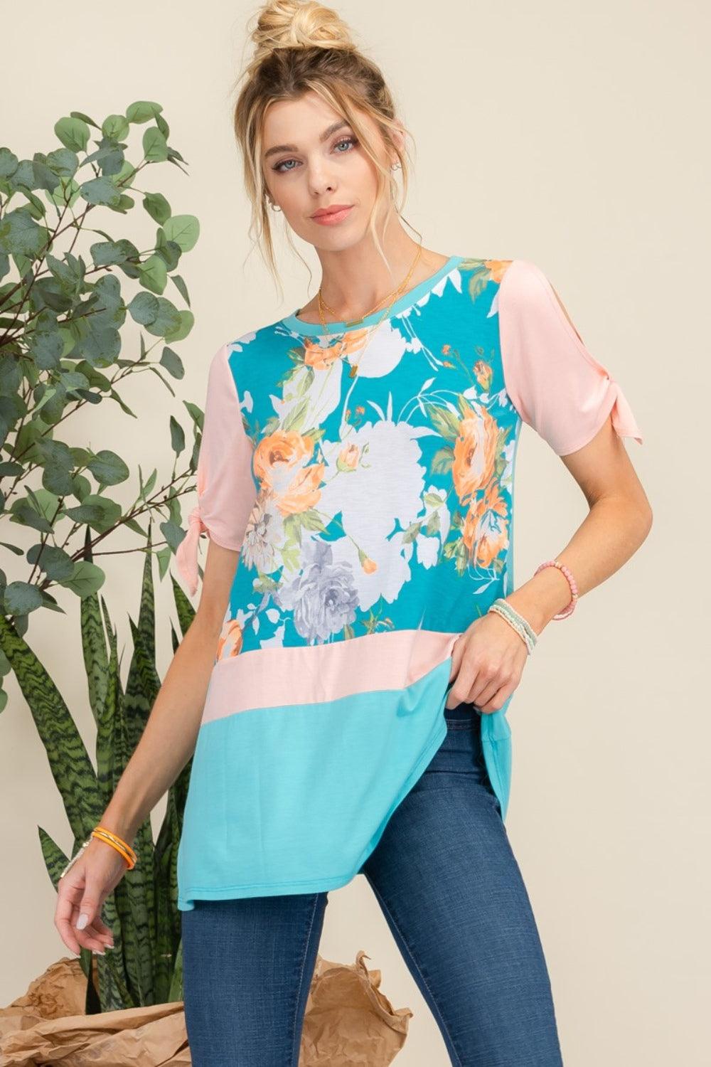 Celeste Full Size Open Tie Sleeve Floral Contrast Top Carauana Store