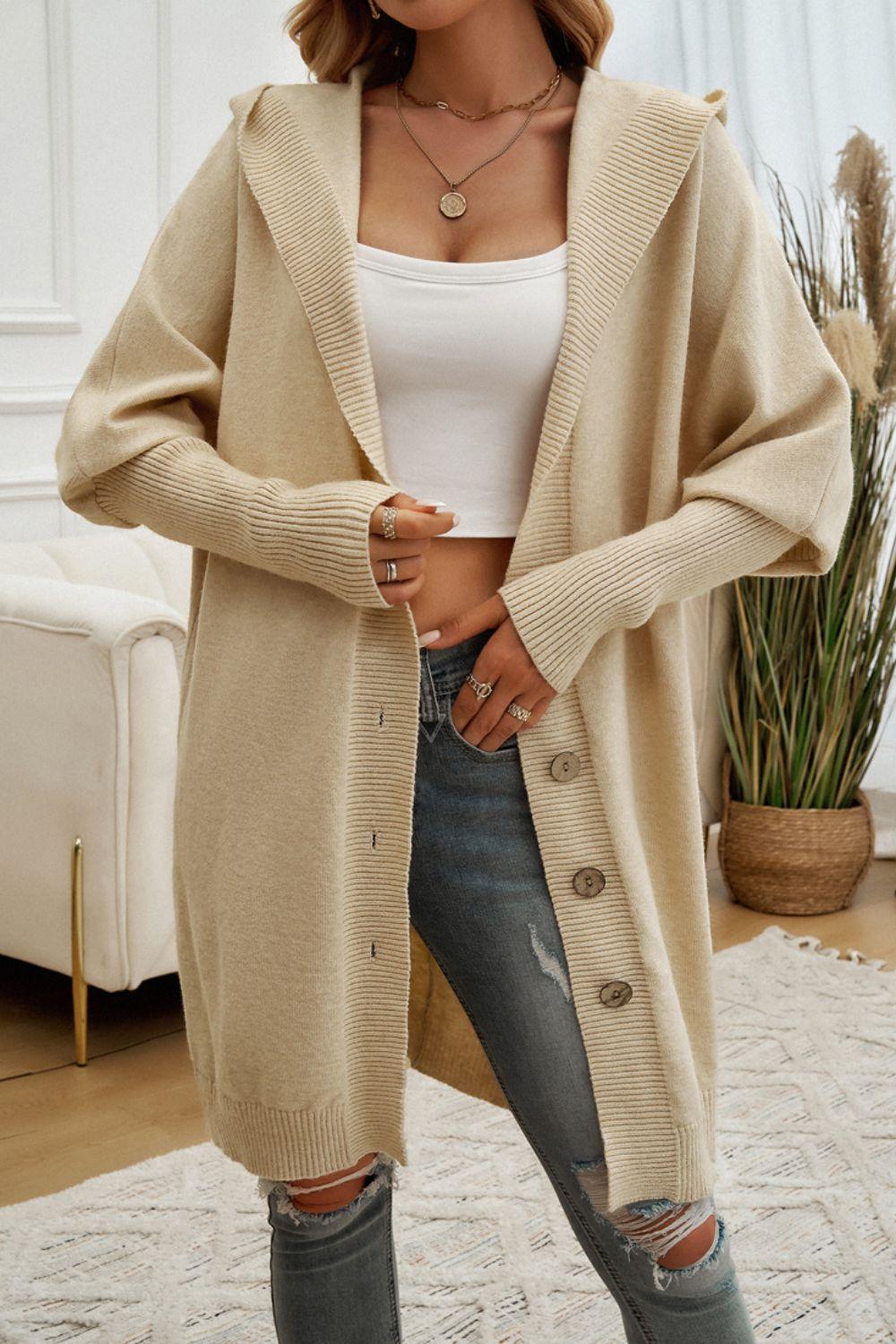 Devine Button Up Long Sleeve Hooded Cardigan Carauana Store