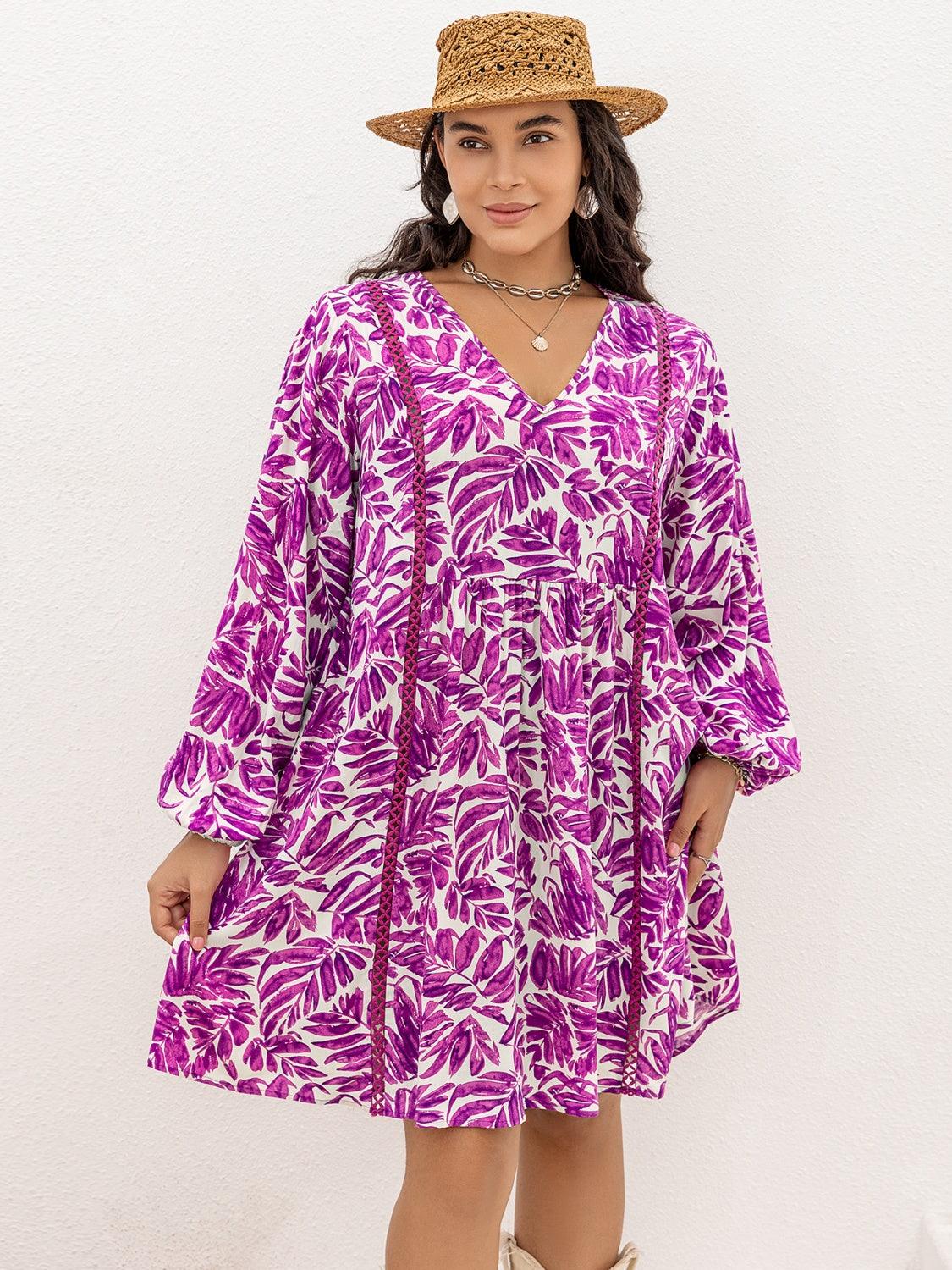 Plus Size Printed V-Neck Balloon Sleeve Mini Dress Carauana Store