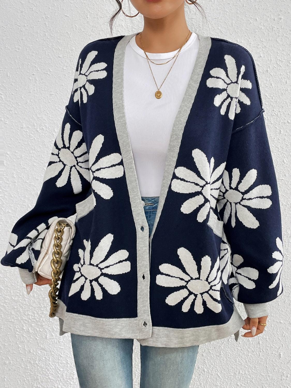 Contrast Dropped Shoulder Long Sleeve Cardigan Carauana Store