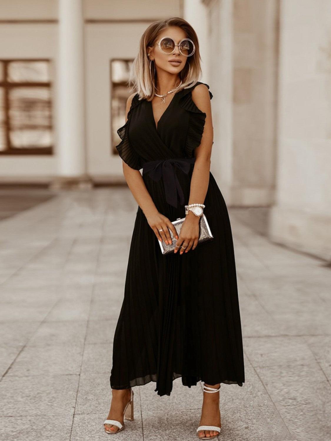 Tied Surplice Cap Sleeve Pleated Dress Carauana Store